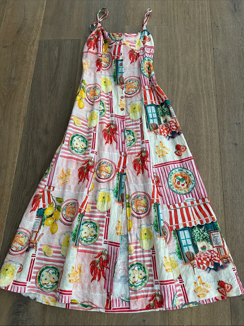 Zara Multi-Color Printed Midi Sundress Linen with Lemons & Bistro Motifs